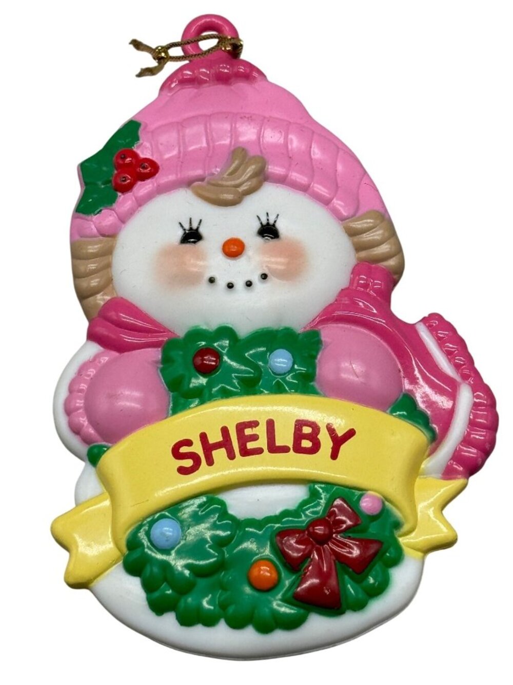 Christmas girl Shelby snowman wreath pink hat holly red bow 2001 4" READ